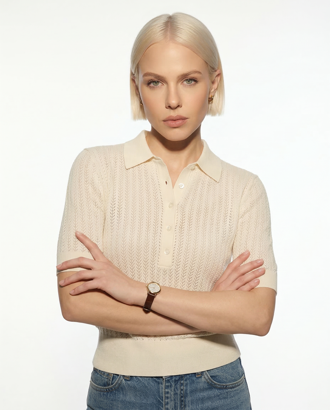 Morgan & Brooke | Ribbed Polo Collar Knit Blouse