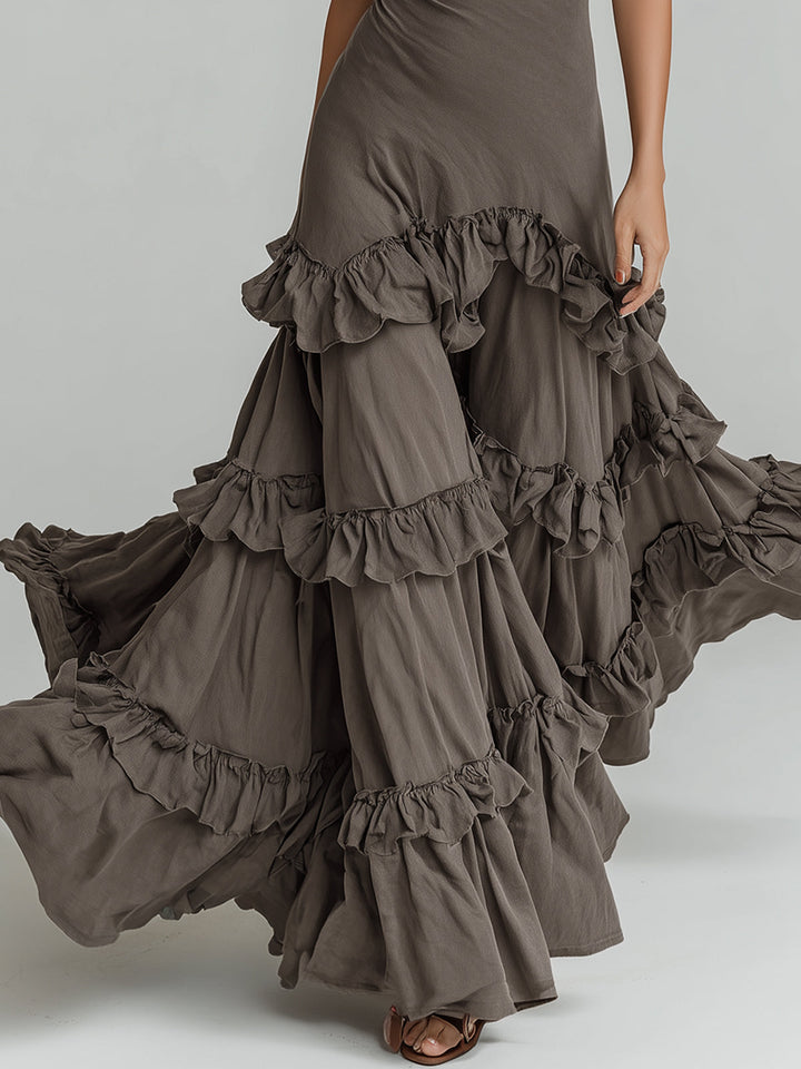 Morgan & Brooke | Ivory Halter Neck Ruffled Viscose Maxi Dress