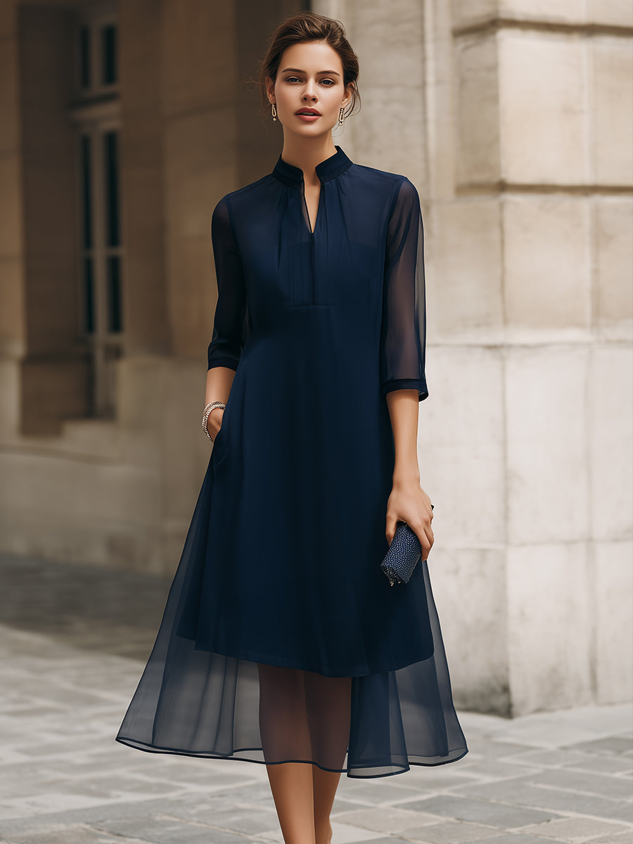 Morgan & Brooke | Black Mandarin Collar Sheer-Overlay Chiffon Midi Dress