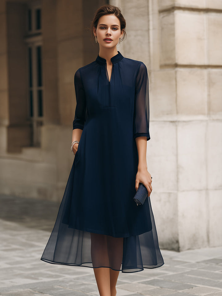 Morgan & Brooke | Black Mandarin Collar Sheer-Overlay Chiffon Midi Dress