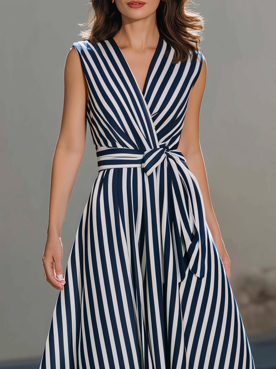 Morgan & Brooke | Navy Sleeveless Wrap Vertical-Stripe Midi Dress