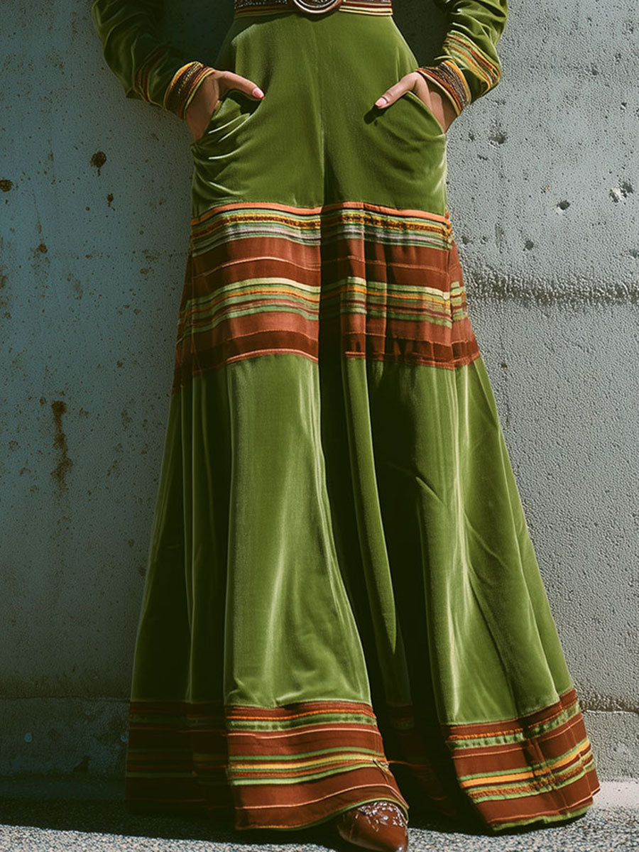 Morgan & Brooke | Olive Green Striped Hem Maxi Velvet Dress