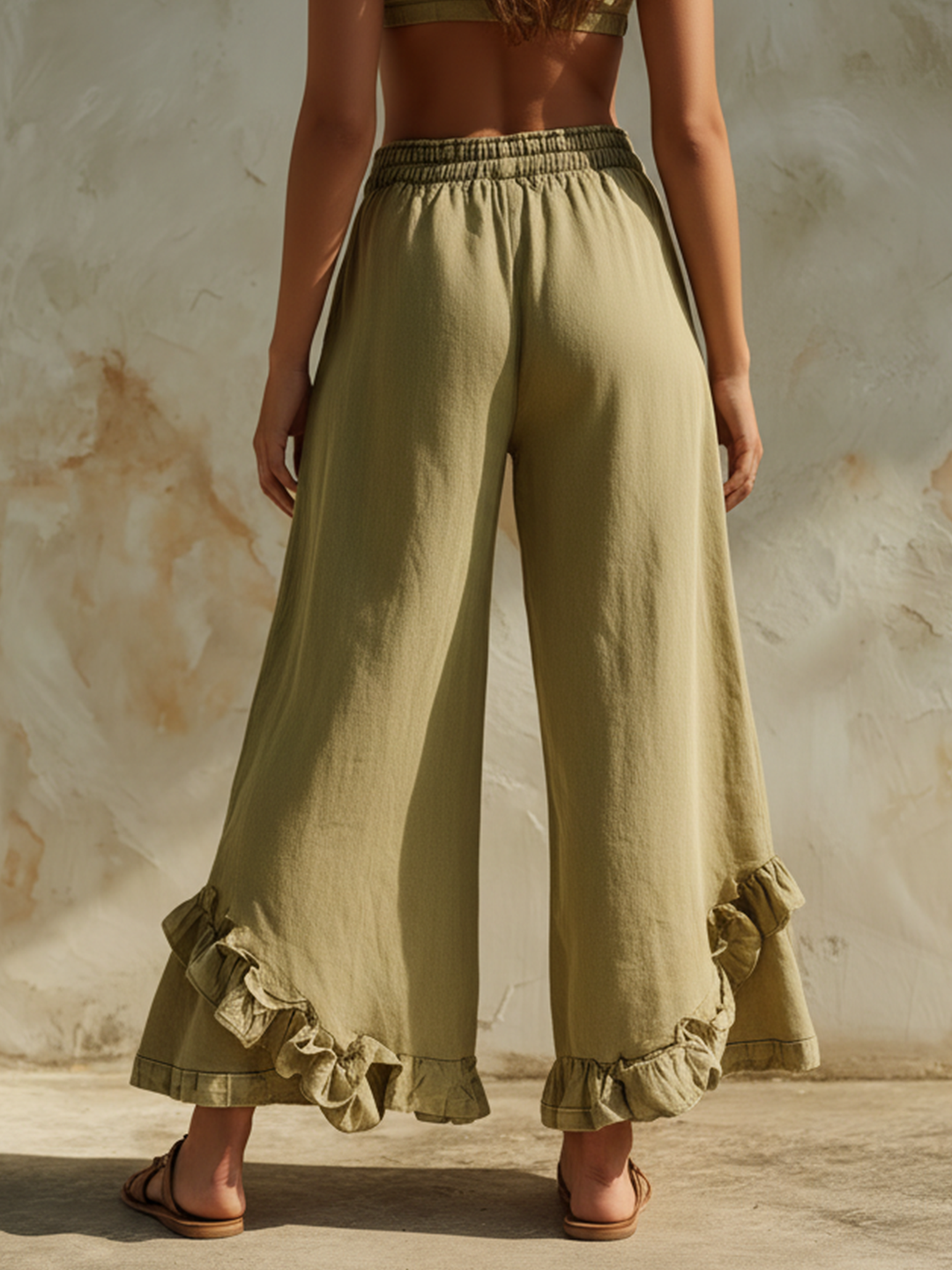 Morgan & Brooke | Olive Green Ruffle-Hem Wide-Leg Linen-Blend Pants