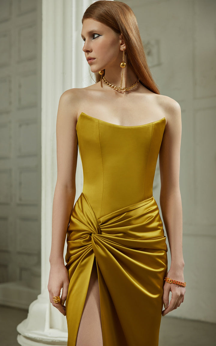 Morgan & Brooke | Draped Strapless Satin Maxi Dress