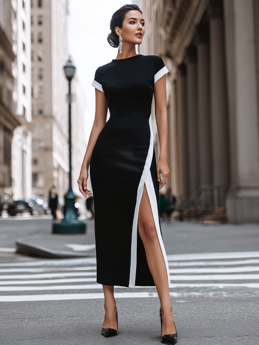 Morgan & Brooke | Black & White Colorblock High Side-Slit Maxi Dress