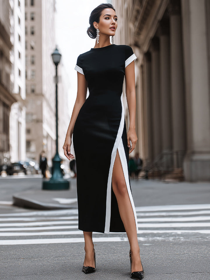Morgan & Brooke | Black & White Colorblock High Side-Slit Maxi Dress