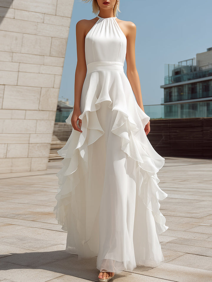 Morgan & Brooke | White Halter-Neck Layered Ruffle Chiffon Maxi Dress