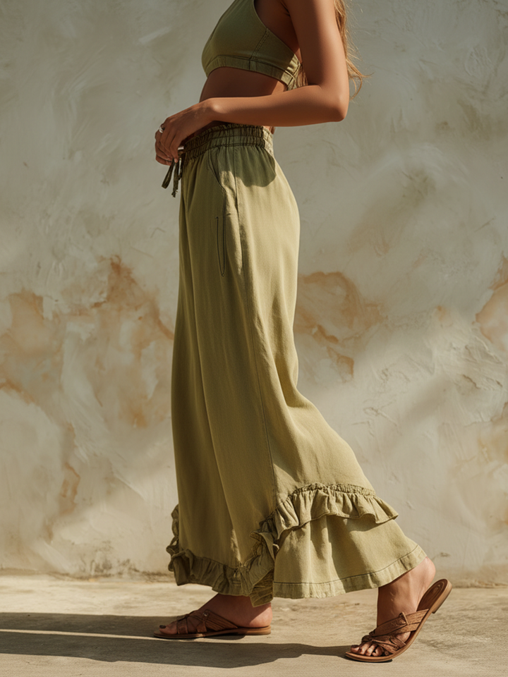 Morgan & Brooke | Olive Green Ruffle-Hem Wide-Leg Linen-Blend Pants