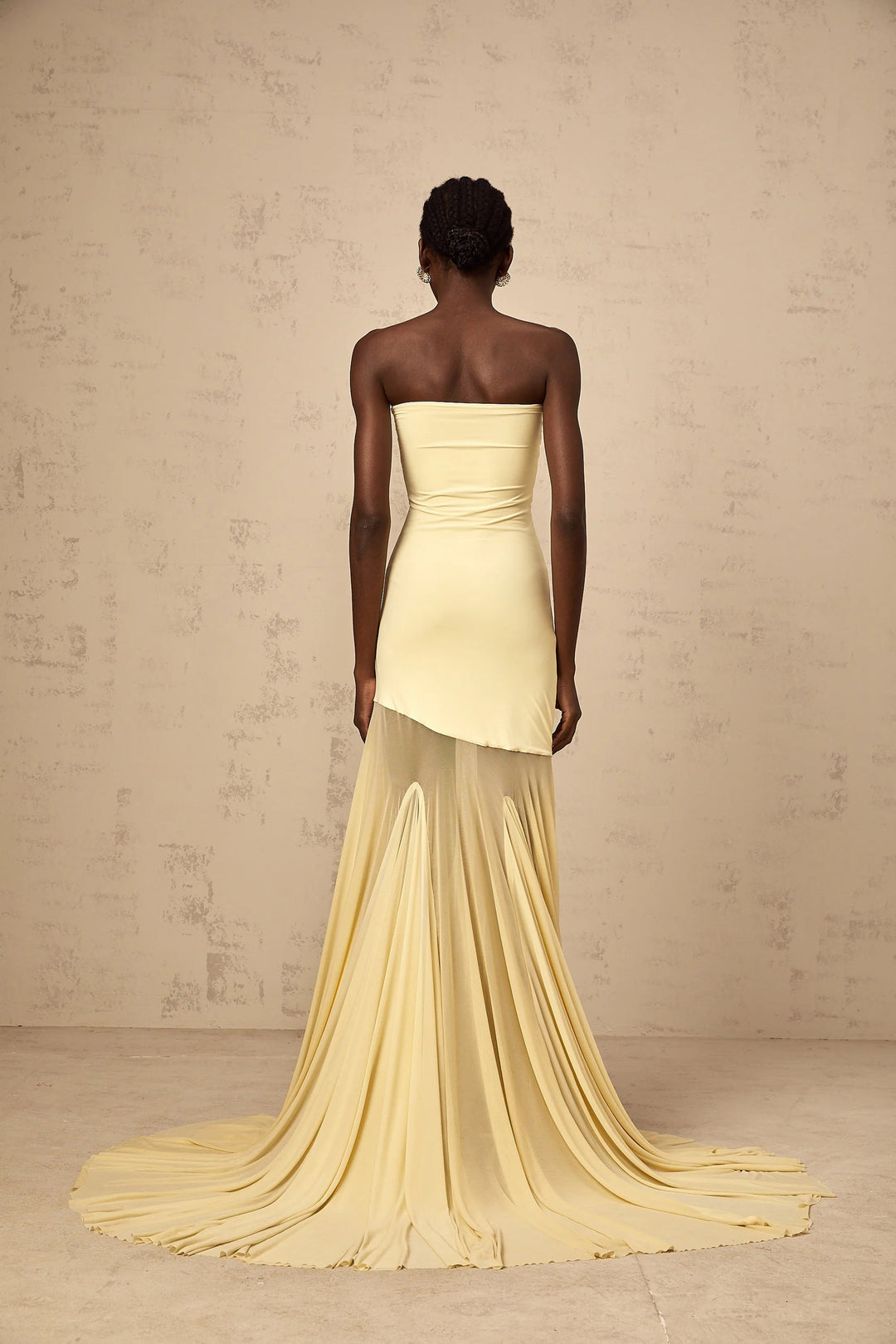 Morgan & Brooke | Yellow Off-Shoulder Sheer Tulle Maxi Dress