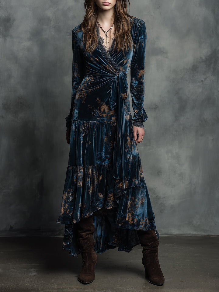 Morgan & Brooke | Azure Wrap Velvet Maxi Dress