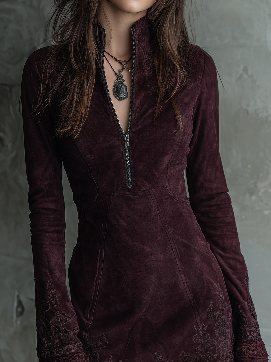 Morgan & Brooke | Vintage Suede Embroidered Lace Trim Dress