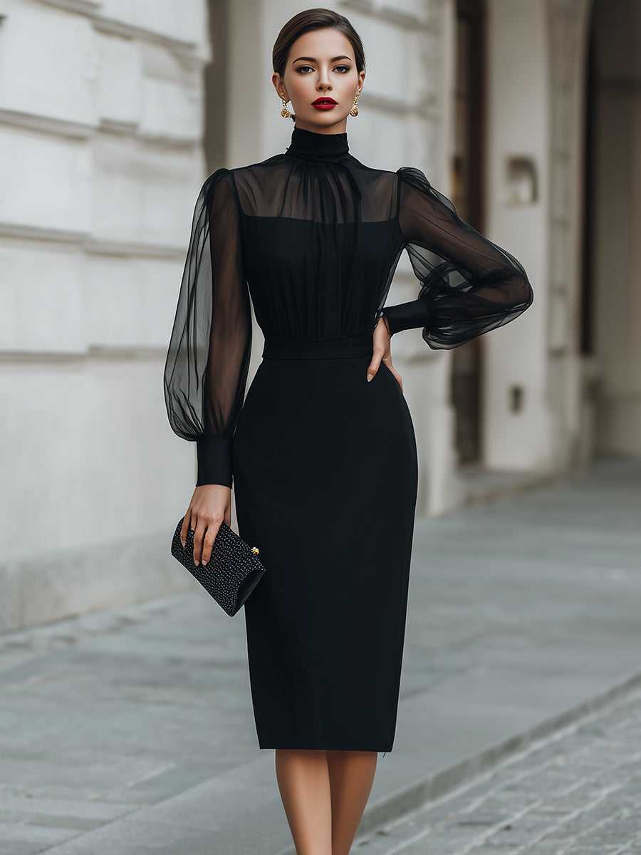 Morgan & Brooke | Black High-Neck Sheer-Sleeve Crepe Midi Dress