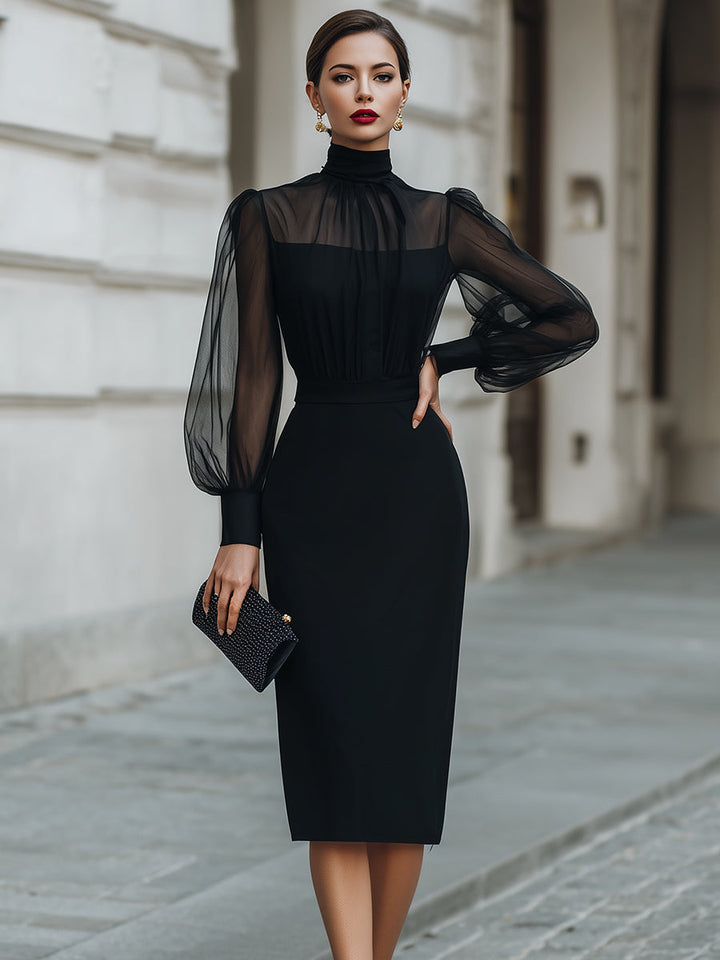 Morgan & Brooke | Black High-Neck Sheer-Sleeve Crepe Midi Dress