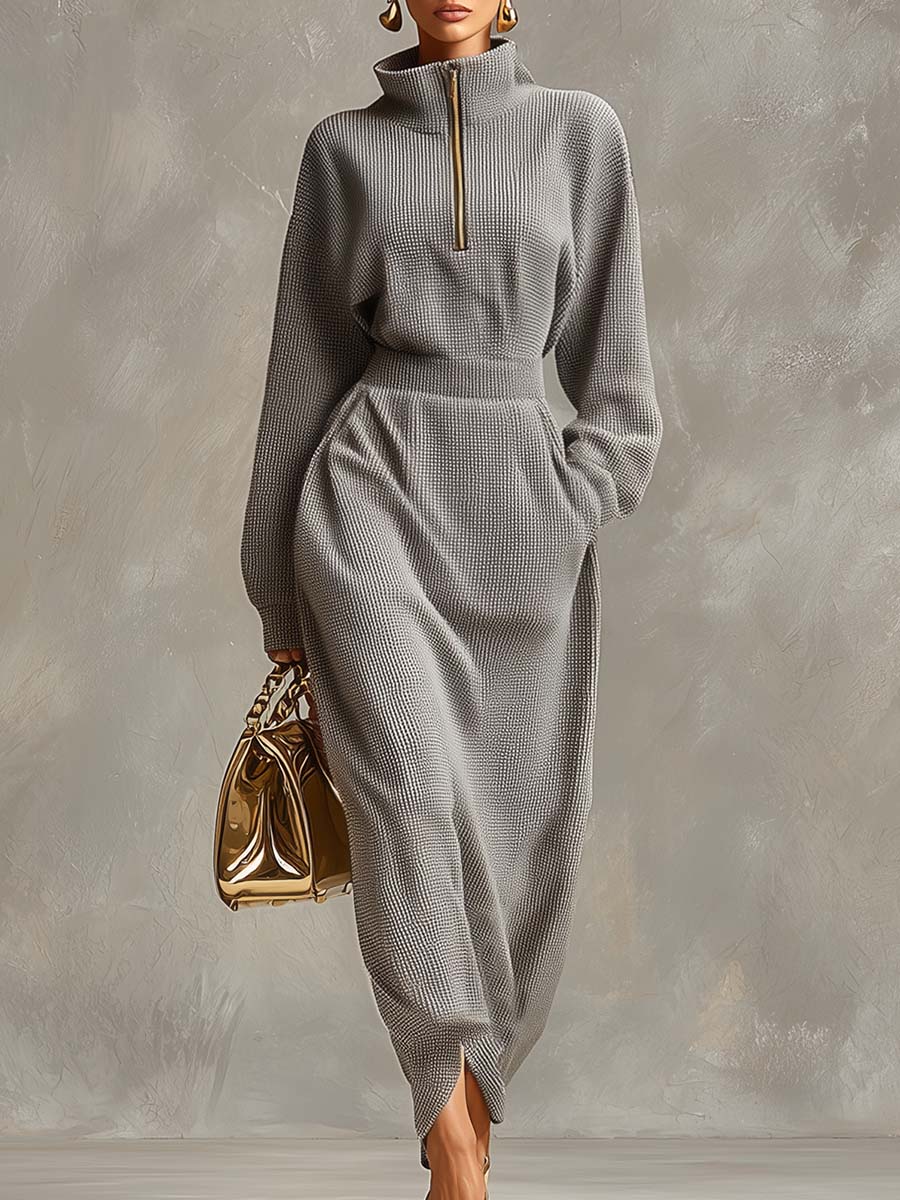 Morgan & Brooke | Grey Waffle Long Sleeve Casual Dress