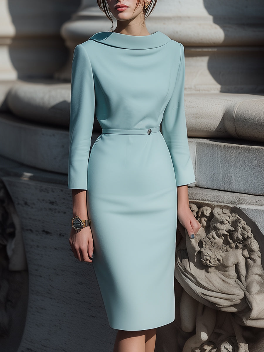 Morgan & Brooke | Powder Blue Draped Collar Pencil Midi Crepe Dress
