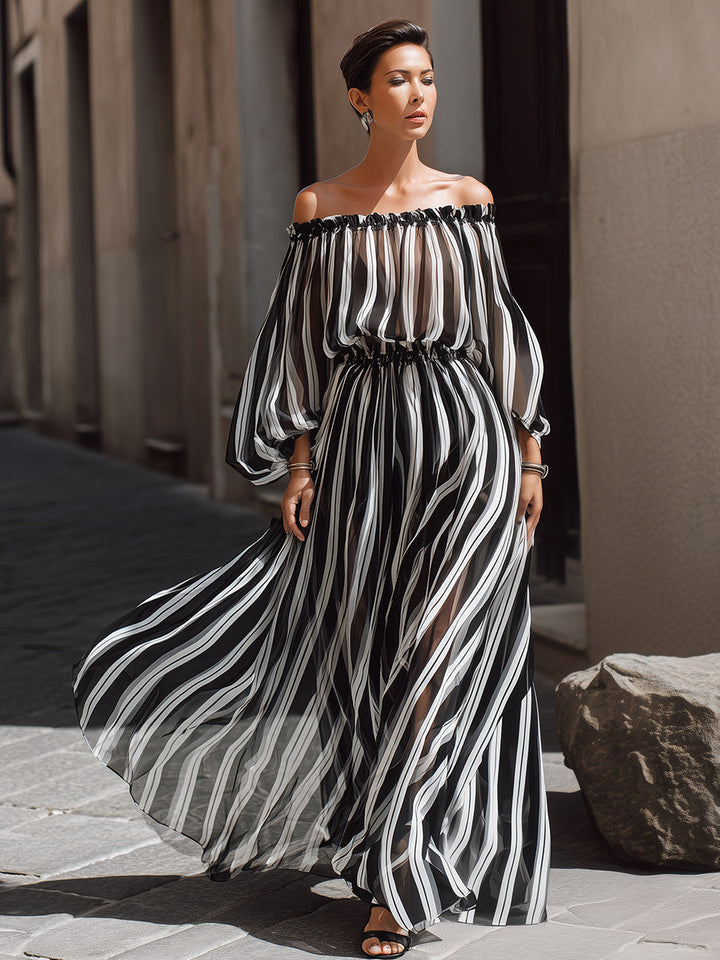 Morgan & Brooke | Off-the-Shoulder Vertical Stripe Chiffon Dress