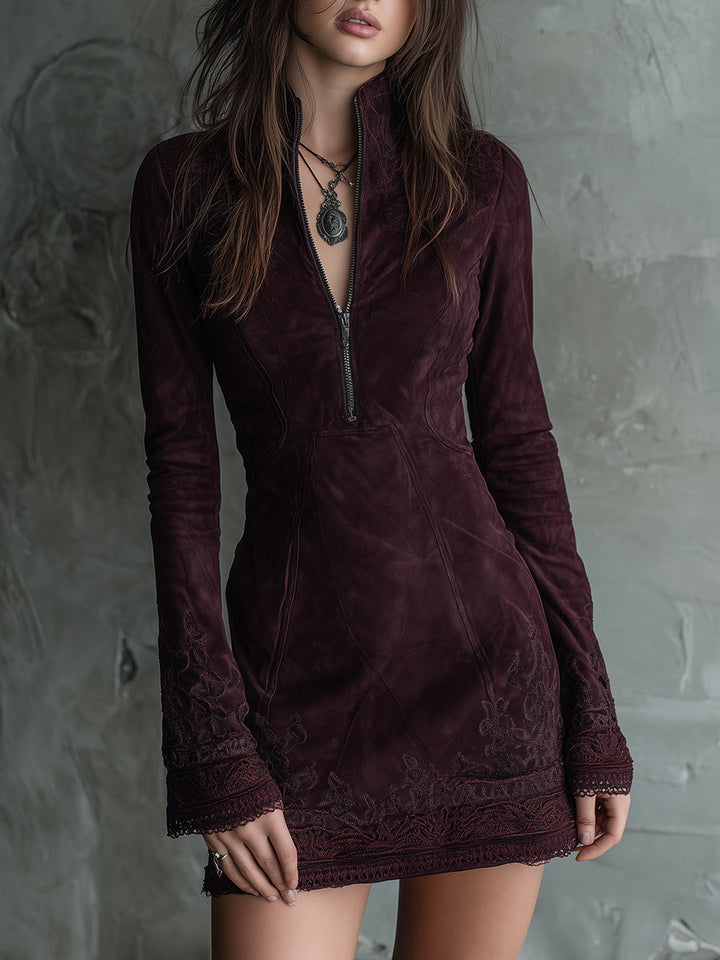 Morgan & Brooke | Vintage Suede Embroidered Lace Trim Dress