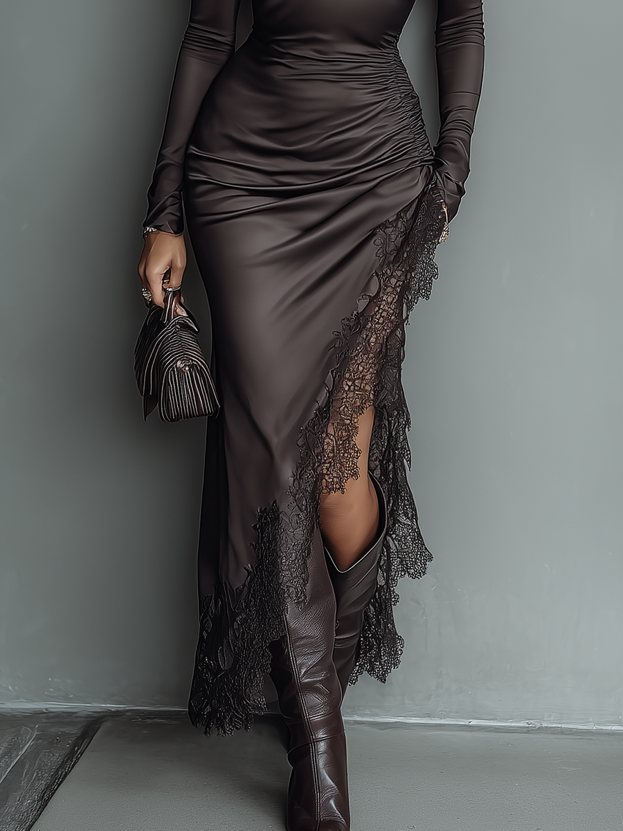 Morgan & Brooke | Dark Brown Satin Irregular Hem Dress