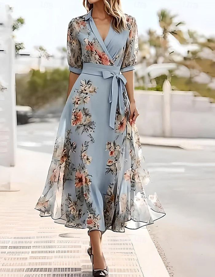 Morgan & Brooke | Blue Lapel Collar Printed Dress
