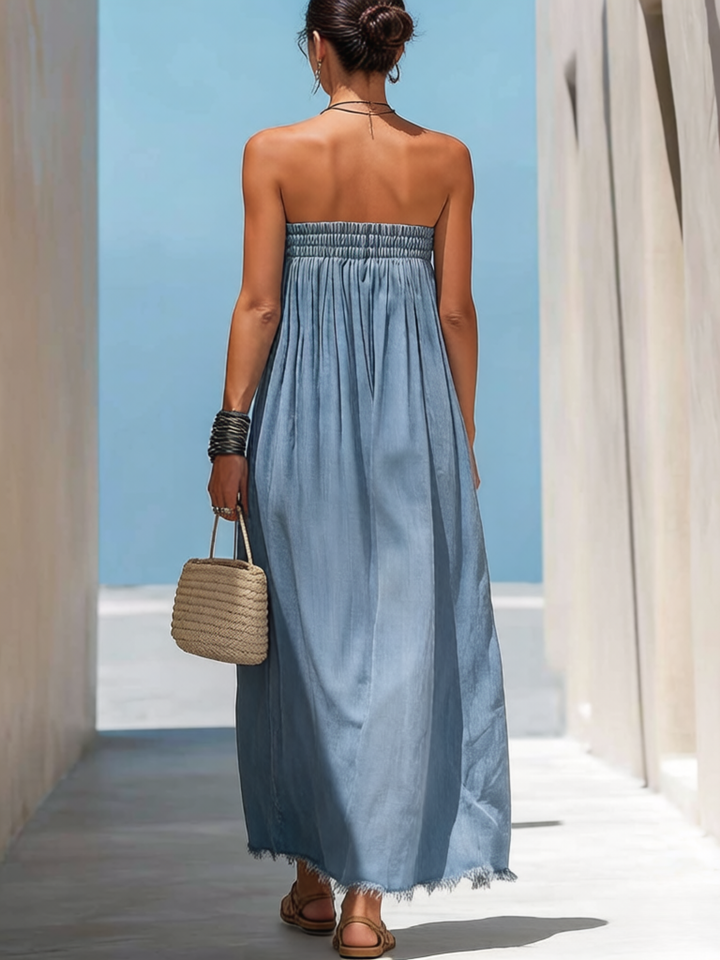 Morgan & Brooke | Light Blue Strapless Frayed-Hem Denim Maxi Dress