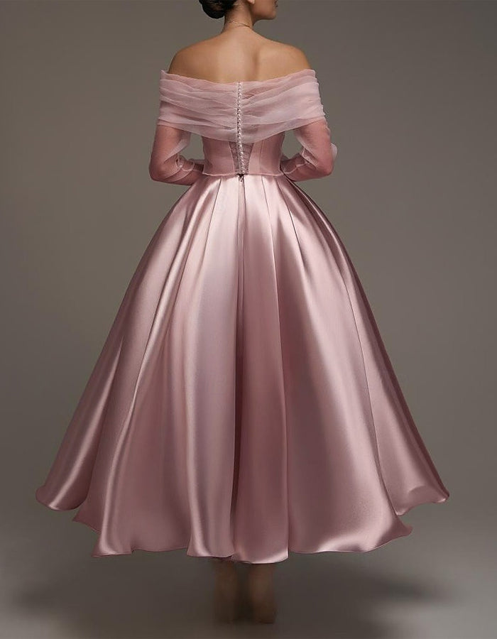 Morgan & Brooke | Pink Satin Strapless A-Line Shawl Dress