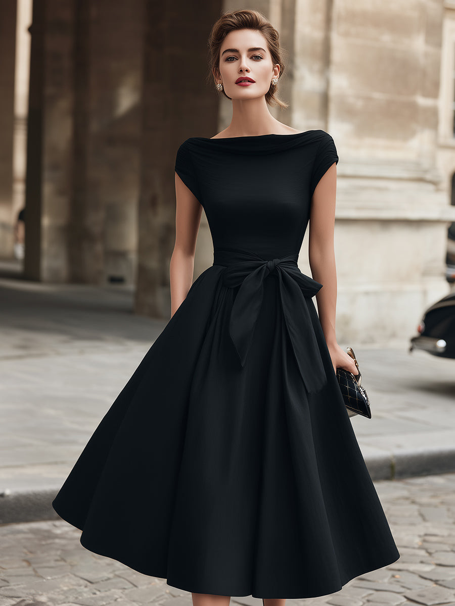 Morgan & Brooke | Cap-Sleeve Bow-Waist Midi Dress