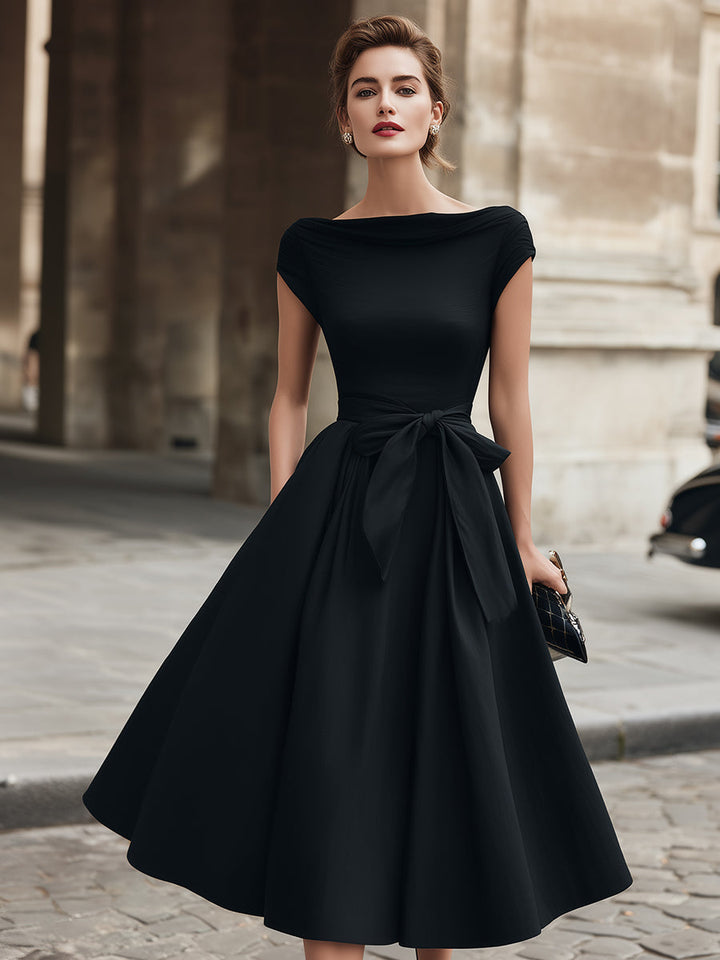 Morgan & Brooke | Cap-Sleeve Bow-Waist Midi Dress
