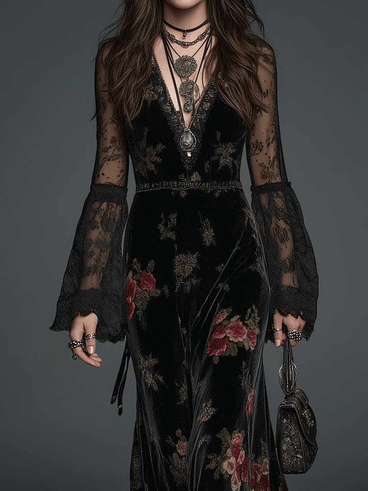 Morgan & Brooke | Black Floral Lace-Sleeved Velvet Maxi Dress