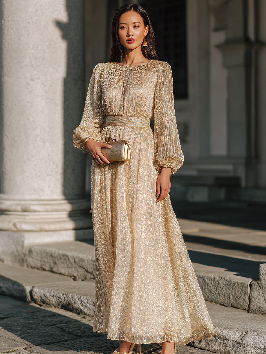 Morgan & Brooke | Long-Sleeve Pleated-Waist Maxi Dress