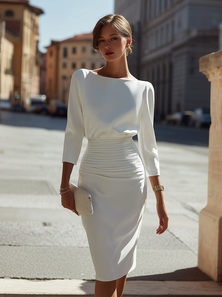 Morgan & Brooke | Black Boat-Neck Ruched-Waist Crepe Midi Dress