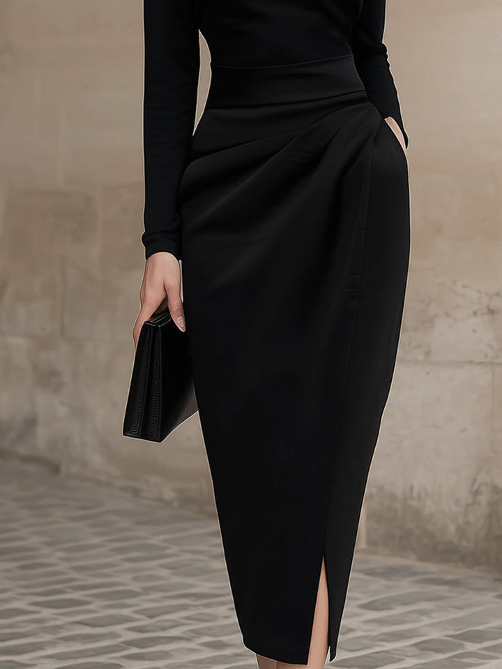Morgan & Brooke | Black Turtleneck Draped Midi Dress