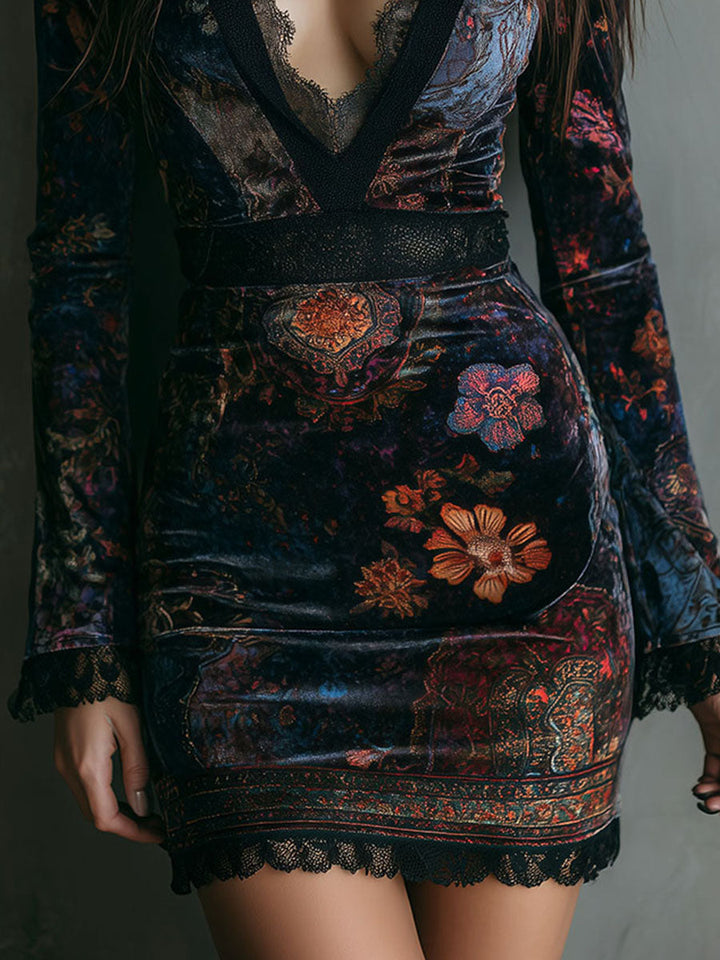 Morgan & Brooke | Boho Floral Print V-Neck Velvet Dress