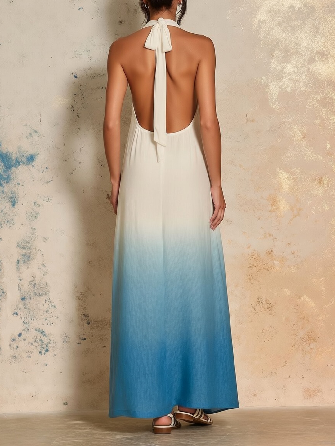 Morgan & Brooke | White-to-Sky Blue Ombre Halter-Neck Maxi Dress