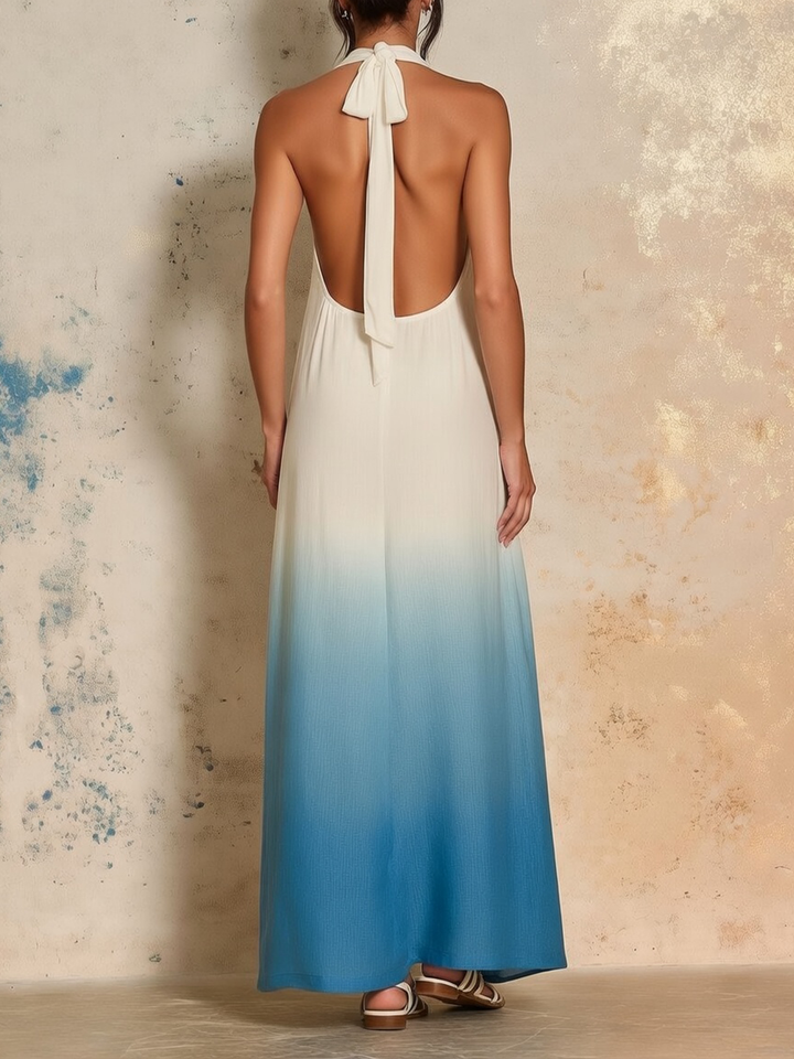 Morgan & Brooke | White-to-Sky Blue Ombre Halter-Neck Maxi Dress