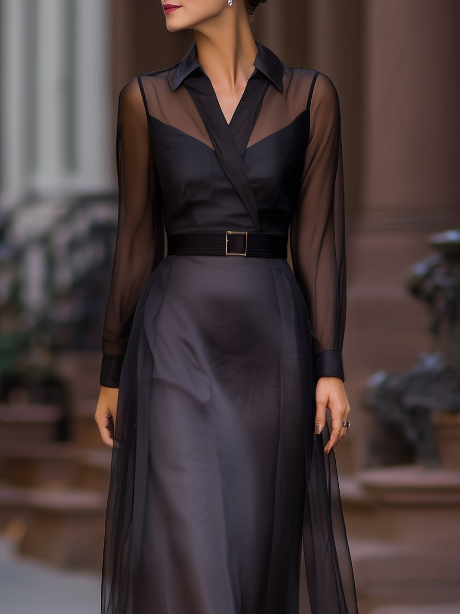 Morgan & Brooke | Sheer-Overlay Maxi Mesh Shirt Dress