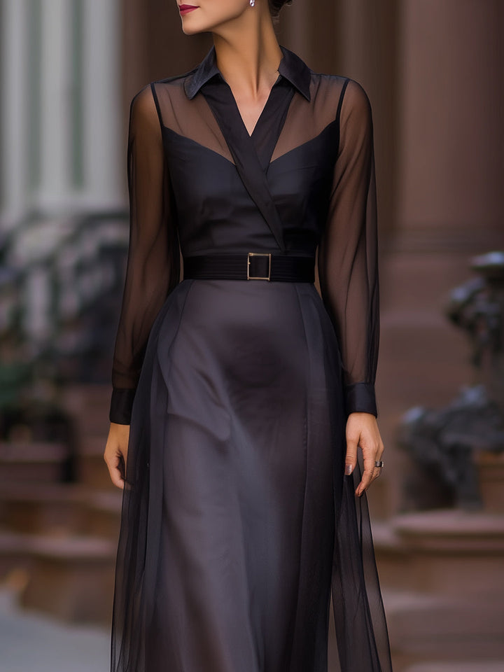 Morgan & Brooke | Sheer-Overlay Maxi Mesh Shirt Dress