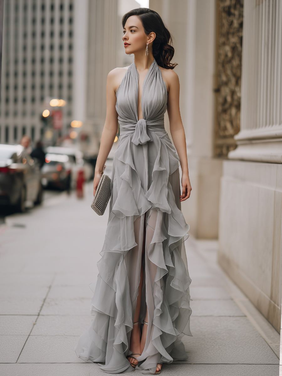 Morgan & Brooke | Ivory Halter-Neck Draped Ruffle Chiffon Maxi Dress