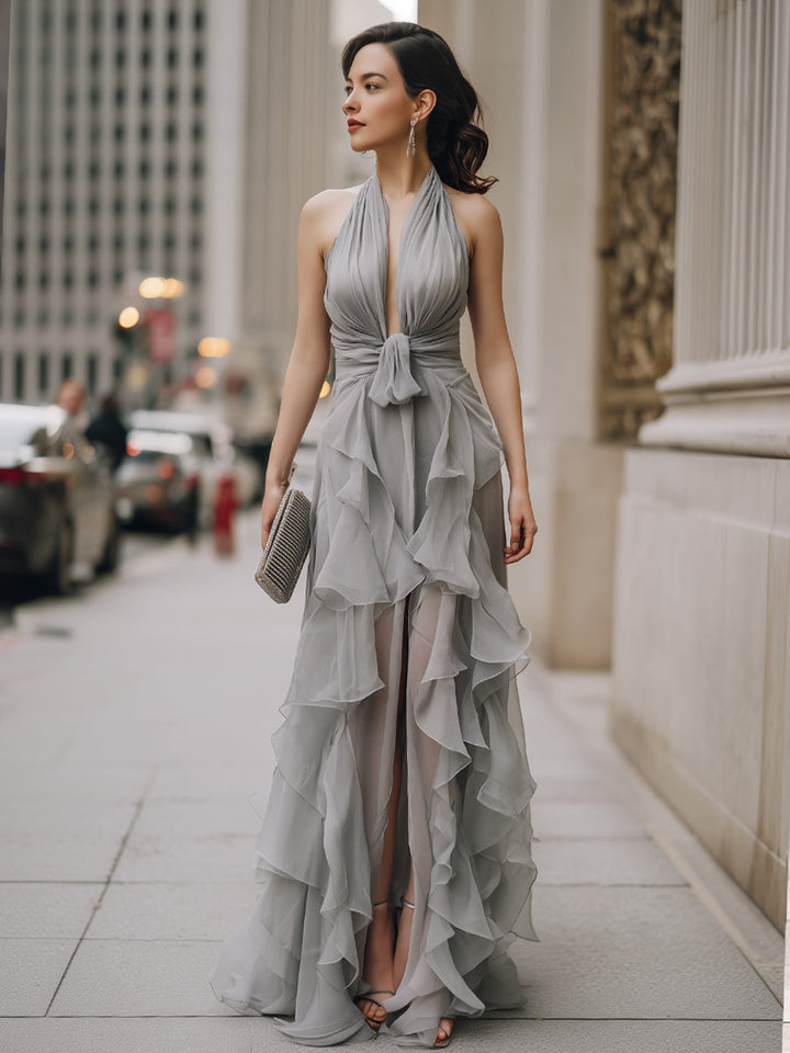 Morgan & Brooke | Ivory Halter-Neck Draped Ruffle Chiffon Maxi Dress