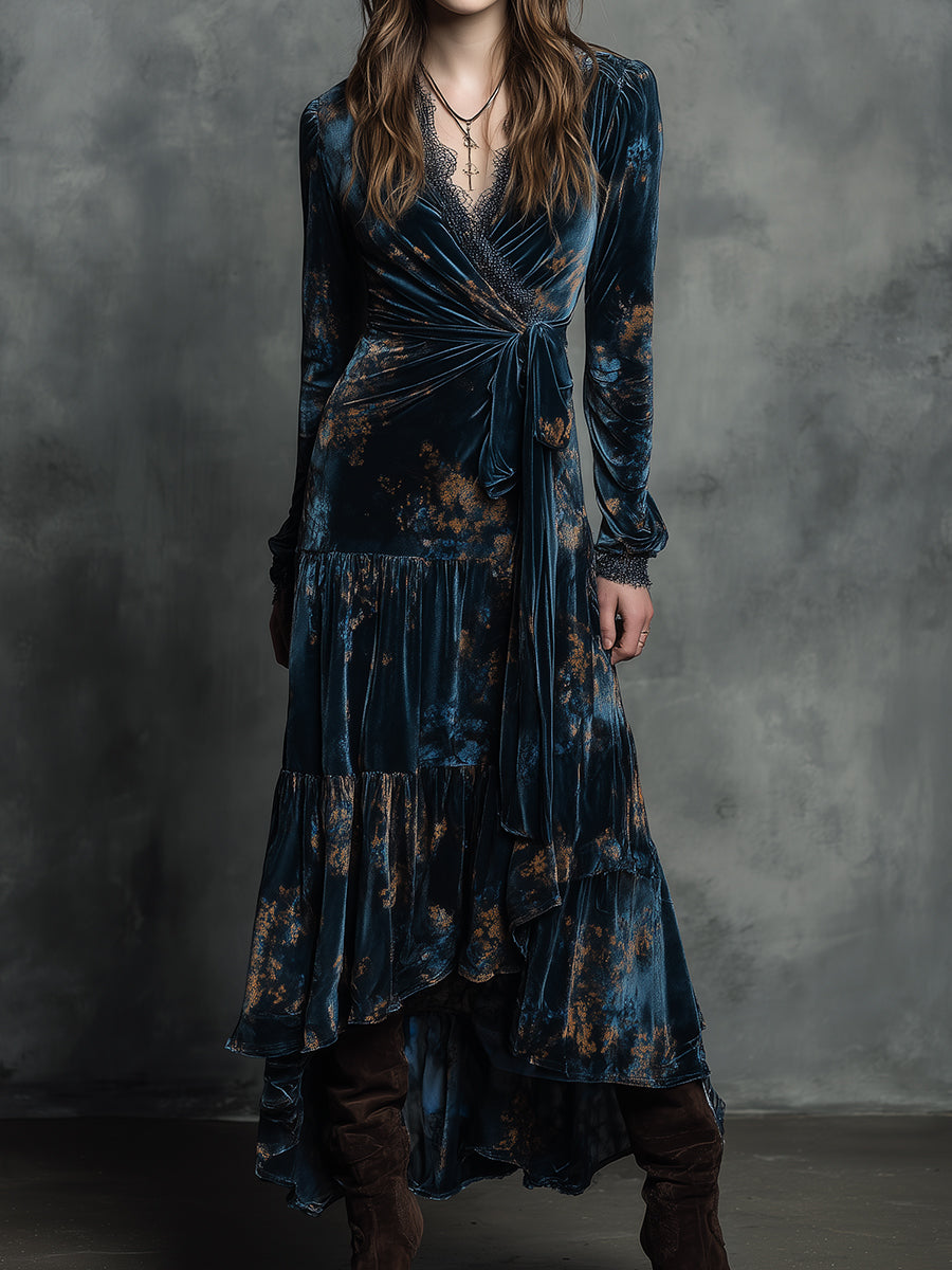 Morgan & Brooke | Azure Wrap Velvet Maxi Dress
