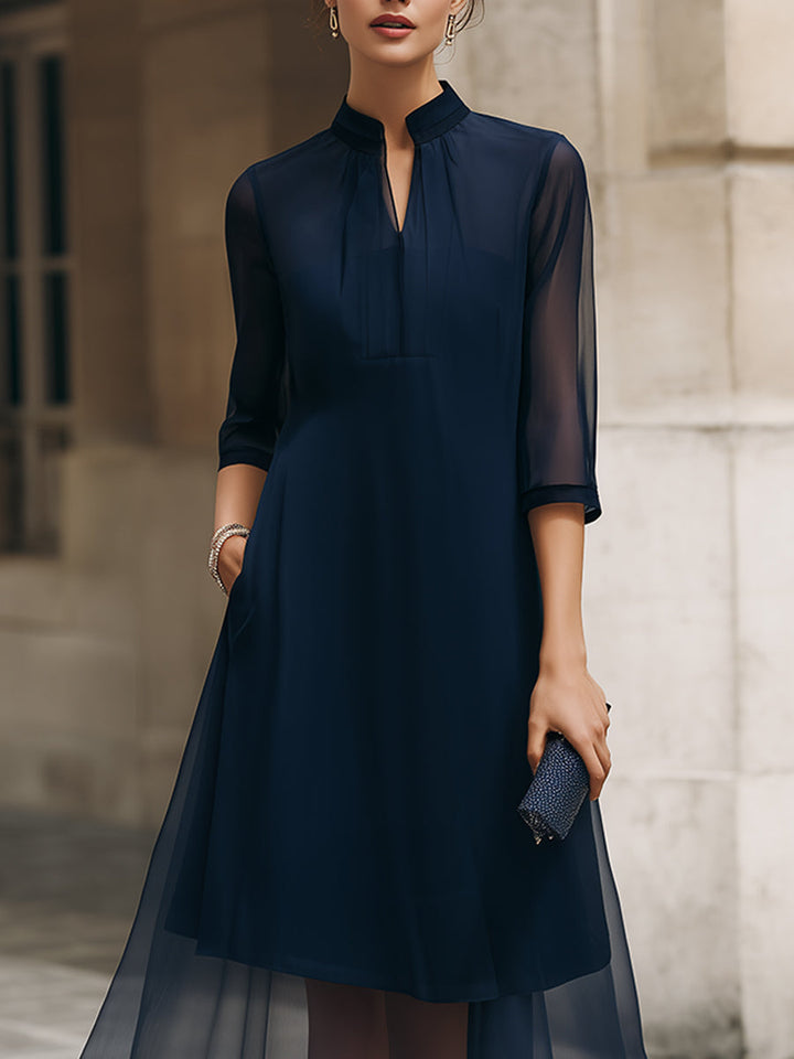Morgan & Brooke | Black Mandarin Collar Sheer-Overlay Chiffon Midi Dress