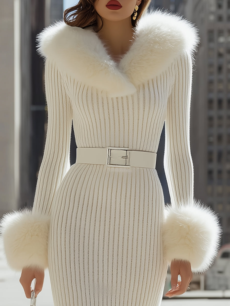 Morgan & Brooke | White Faux-Fur Trim Midi Ribbed Knit Dress