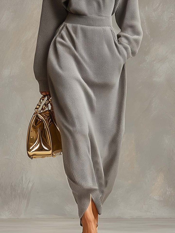 Morgan & Brooke | Grey Waffle Long Sleeve Casual Dress