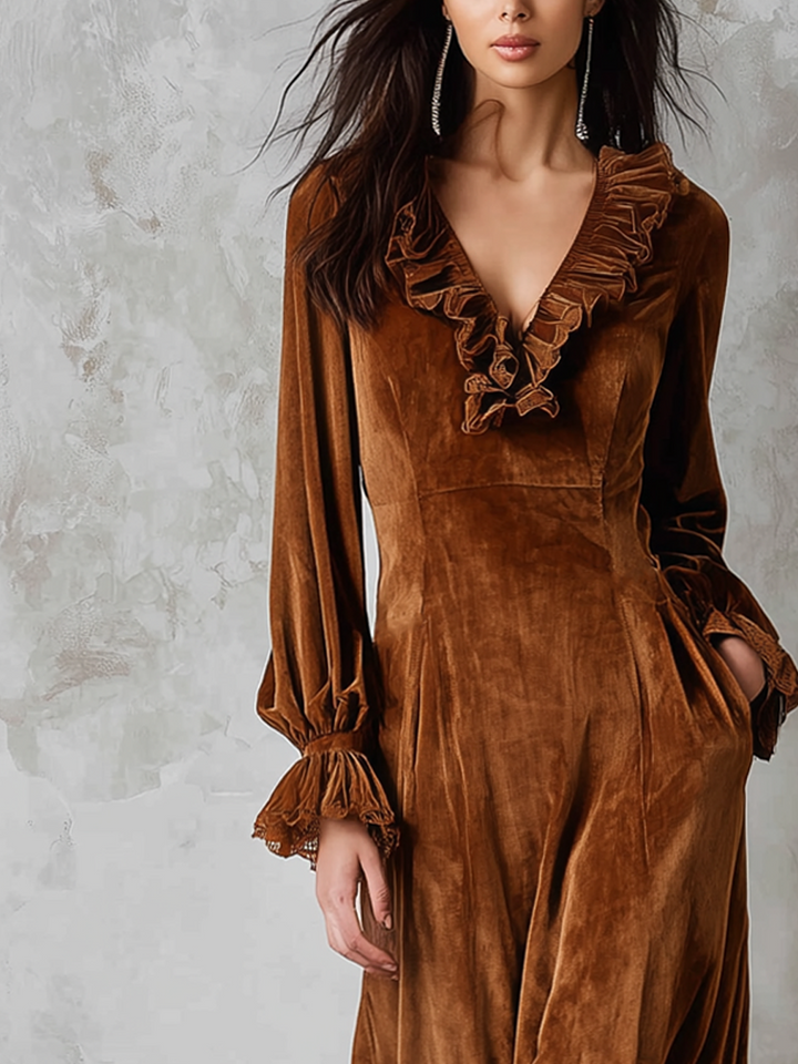 Morgan & Brooke | Retro Ruffle Neck Lace Trim Dress