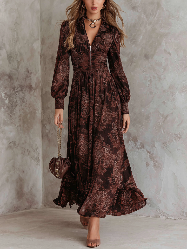 Morgan & Brooke | Retro Zipper Neck Long Sleeve Dress
