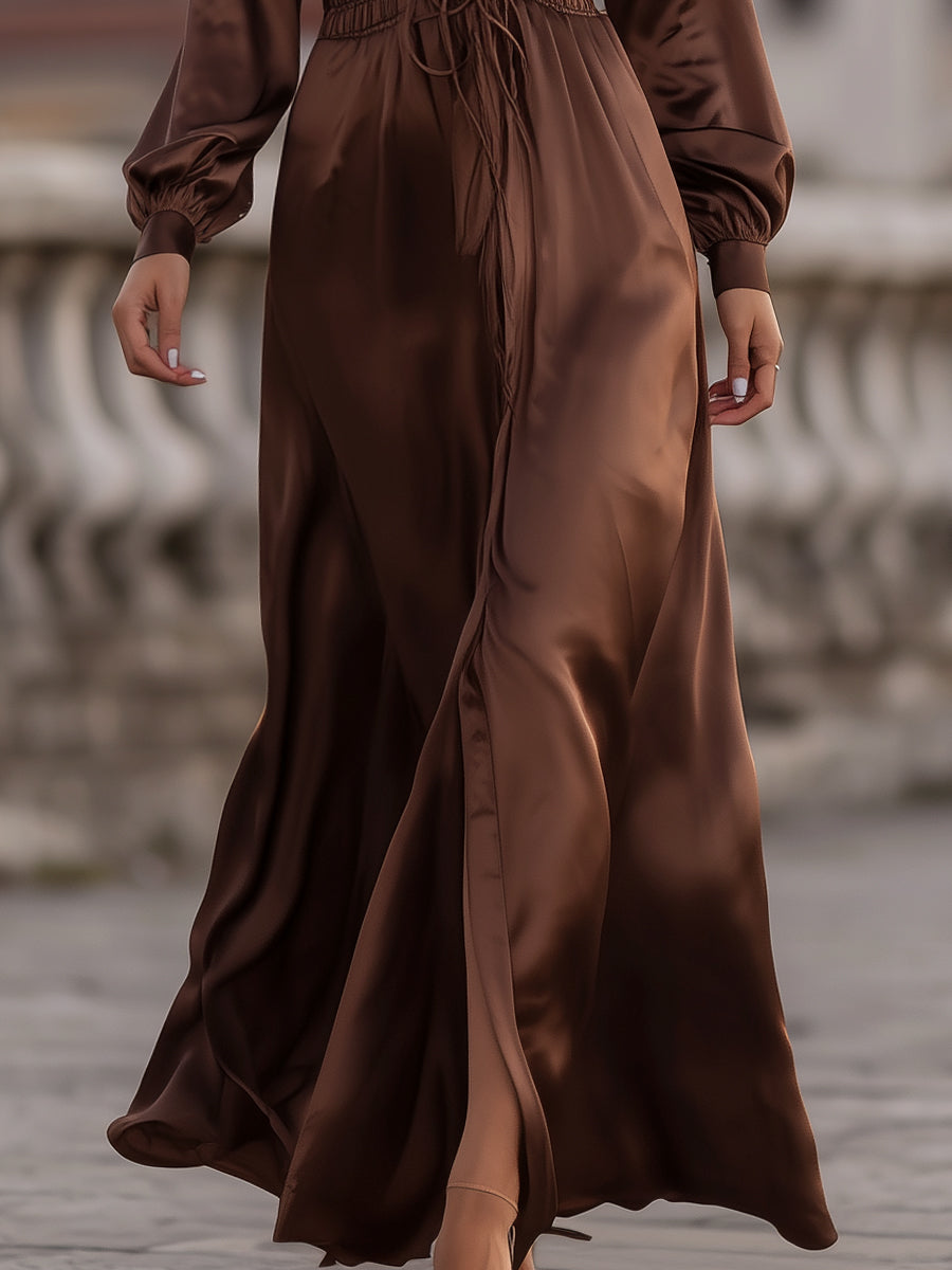 Morgan & Brooke | Mocha Brown Cinched-Waist Satin Maxi Dress