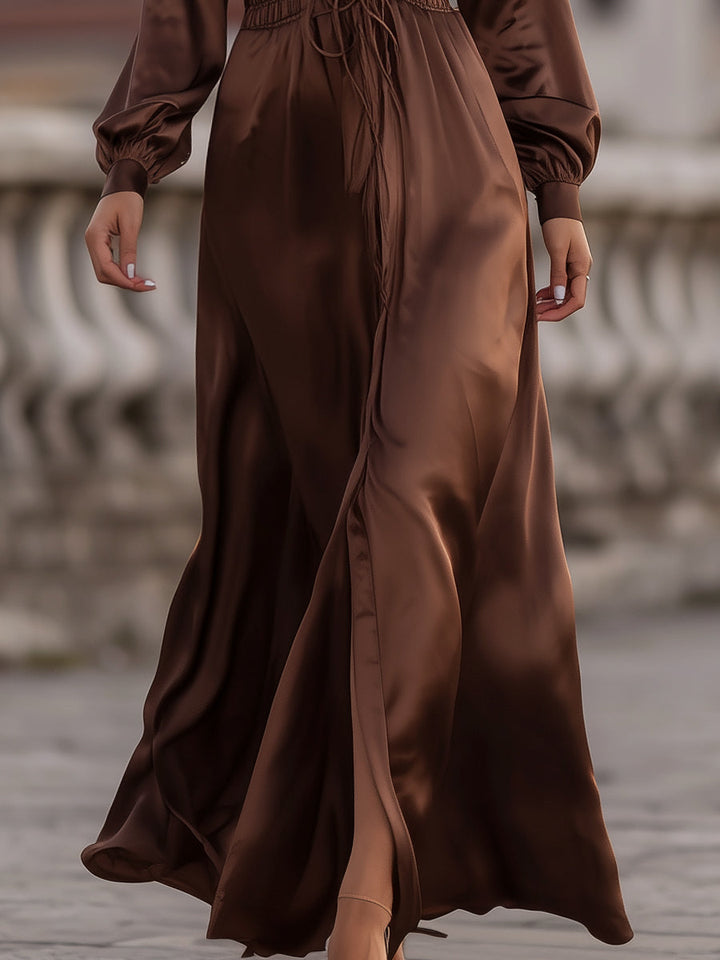 Morgan & Brooke | Mocha Brown Cinched-Waist Satin Maxi Dress