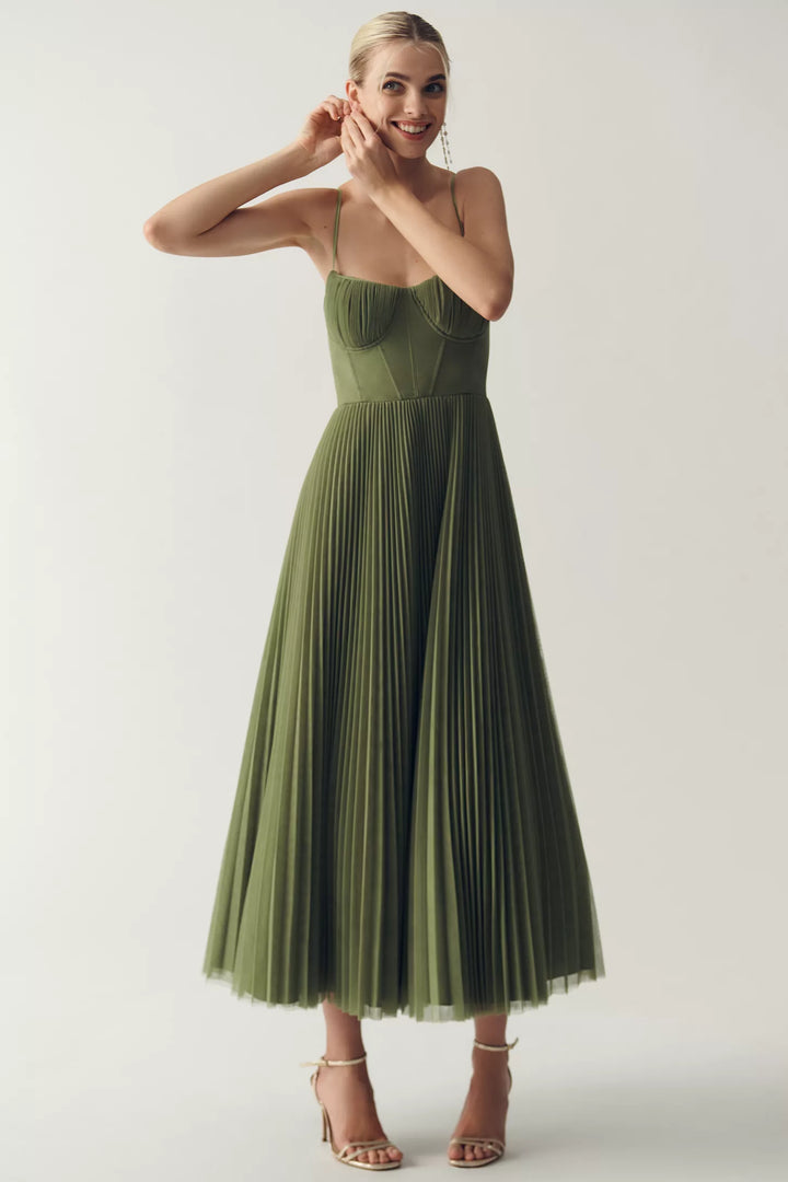 Morgan & Brooke | Ivory Structured Bodice, Pleated Skirt Crepe Midi Dress