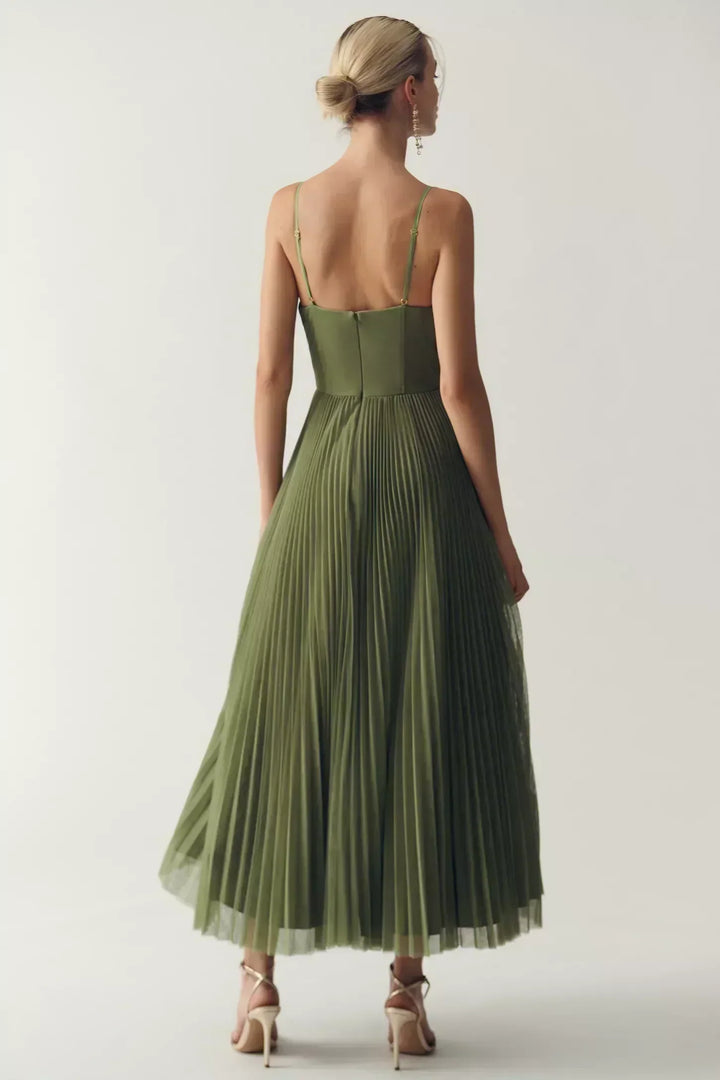 Morgan & Brooke | Ivory Structured Bodice, Pleated Skirt Crepe Midi Dress