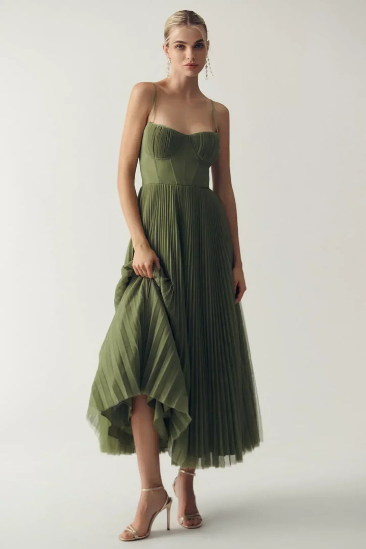 Morgan & Brooke | Ivory Structured Bodice, Pleated Skirt Crepe Midi Dress