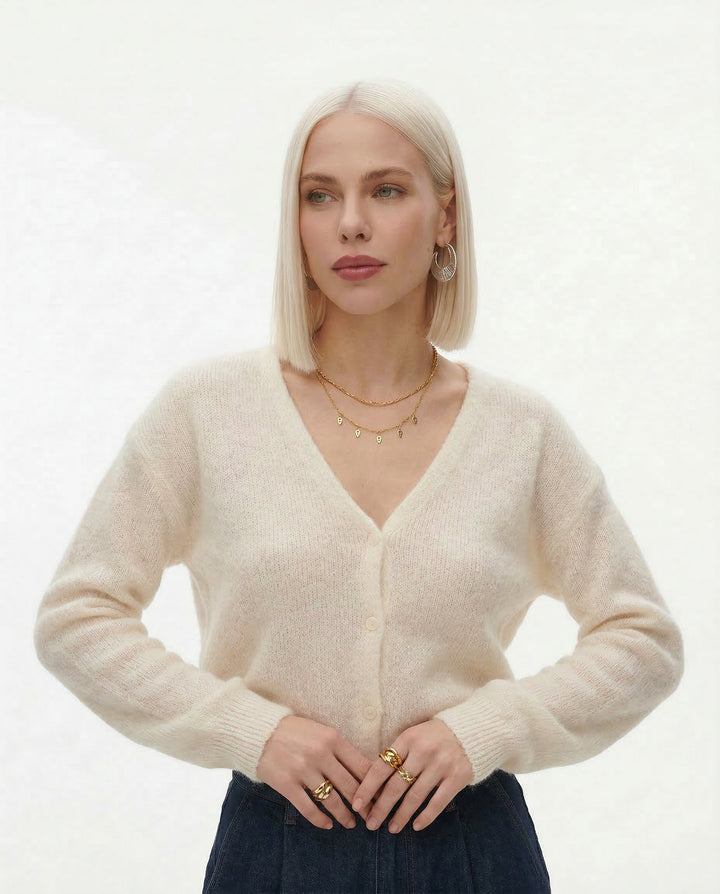 Morgan & Brooke | Ivory Ribbed Cropped Cotton-Blend Knit Top